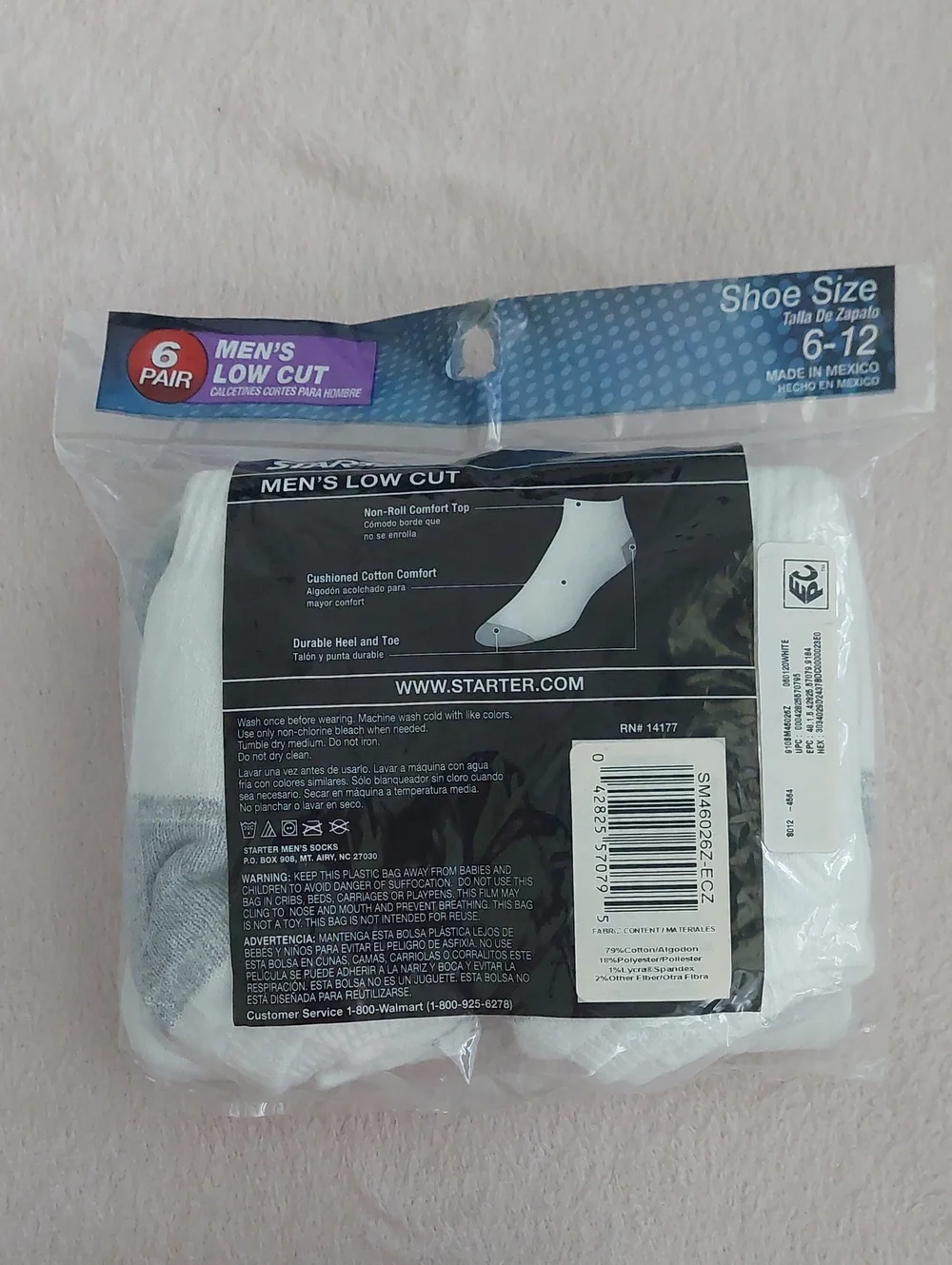 STARTER 6 Pair Men's Low Cut White Socks NIB